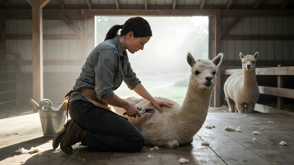 Fototapeta premium Woman Tirelessly Caring for Alpaca in Wooden Stable with Natural Light