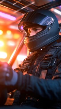 A focused racer in a black helmet grips the steering wheel, illuminated by colorful lights