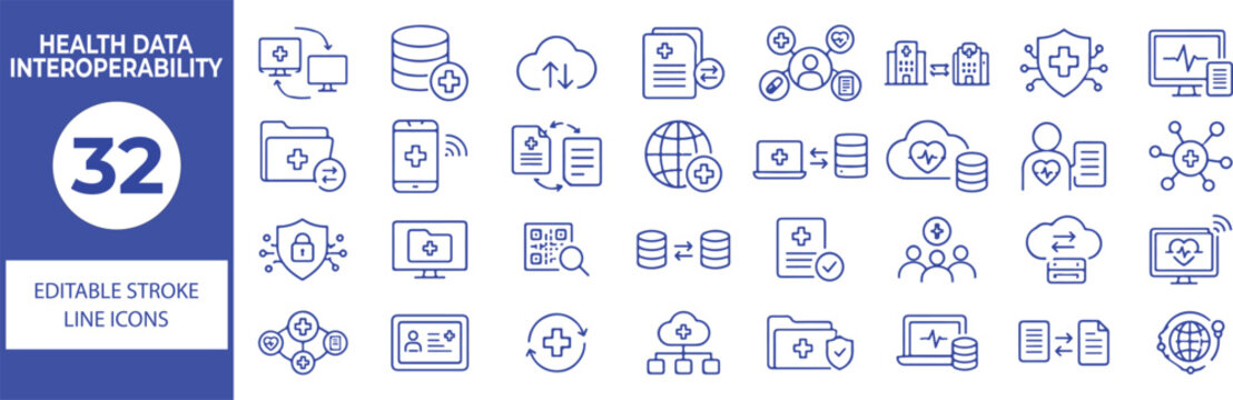 32 Health Data Interoperability Vector Outline Icons Set,Electronic Health Records, Data Exchange, Healthcare Integration and Medical Information Line Symbols Collection