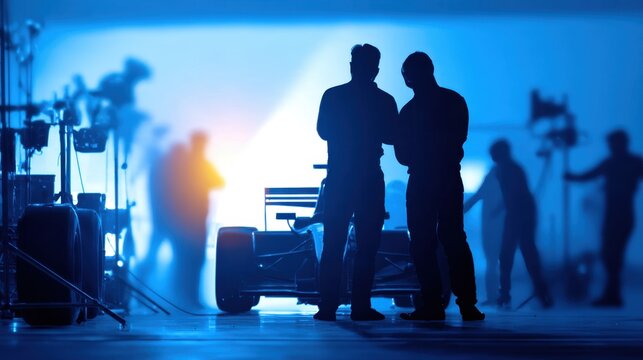 Two figures silhouetted against a soft blue light, surrounded by shadows in a garage setting