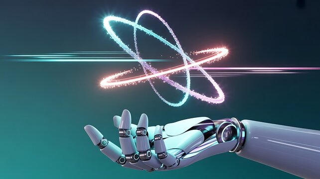 Robotic hand holding glowing orbital atomic symbol structure.