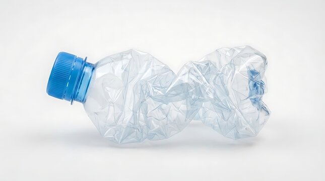Crushed empty plastic water bottle on white background for recycling concept