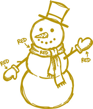 Hand drawn snowman with hat scarf and mittens