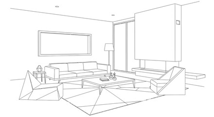 Fototapeta premium Contemporary living room interior design features a comfortable sofa, elegant armchairs, a stylish coffee table, and a prominent fireplace, all rendered as a clean line art illustration on a white.