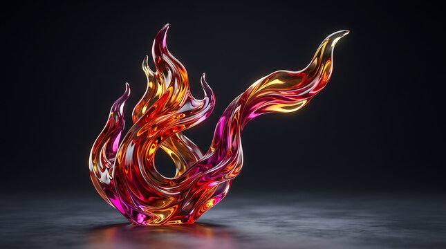 Abstract fiery glass sculpture shaped like flames in orange and red tones
