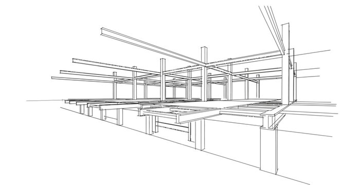 Complex structural framework drawing features a network of interconnected beams, columns, and platforms, illustrating an intricate architectural or engineering design concept in linear perspective on.