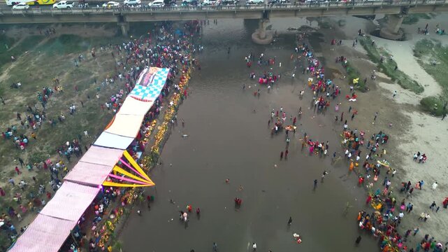 Ludhiana, Punjab, India, October 27 2025, Aerial view of  celebrate chatt maha parv
