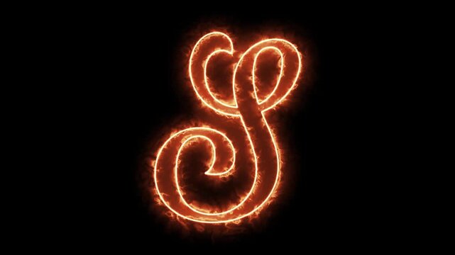 Burning letter s: fiery calligraphic alphabet character with glowing plasma effects on black background