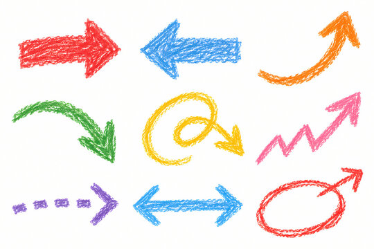 Colorful hand drawn crayon arrows and directional doodles