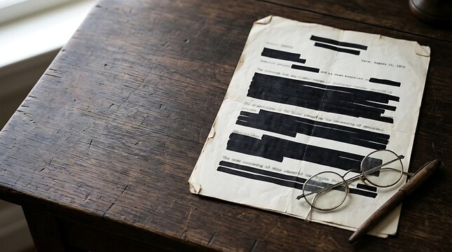 An old document with redacted text spectacles and a pen on wood