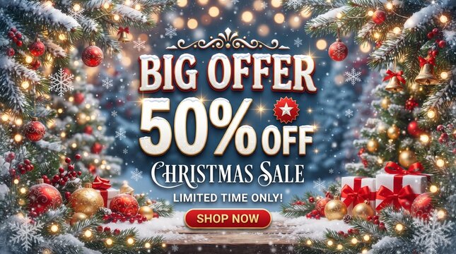 Christmas sale big offer banner with 50 percent discount. Snow covered pine branches. Red and gold baubles. Gift boxes. Glowing fairy lights. Holiday shopping promotion background design