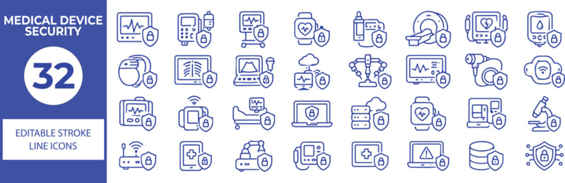 32 Medical Device Security Vector Outline Icons Set,Healthcare Equipment, Medical Technology, Device Protection and Cybersecurity Line Symbols Collection