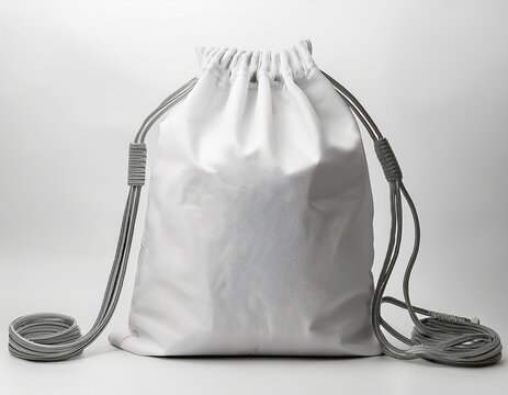 a clean white drawstring backpack with cords on a white background