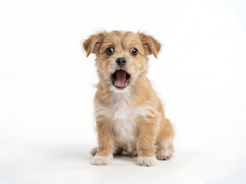 Adorable small tan puppy with open mouth and big ears