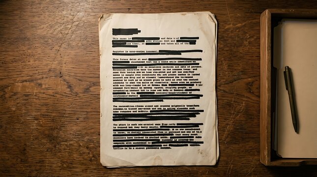 A redacted document with black bars obscuring text alongside a pen and box
