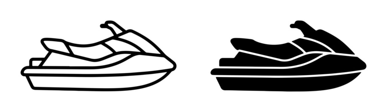 Jet Ski Icons, Personal Watercraft Vector Graphics, Water Sports Equipment Symbols, Outline and Silhouette Designs