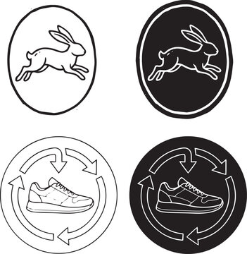 Vintage style emblems featuring a running hare and athletic shoe design elements