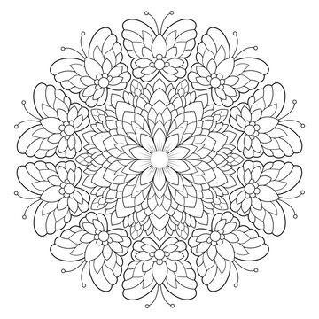 Circular butterfly mandala coloring book page, intricate floral pattern