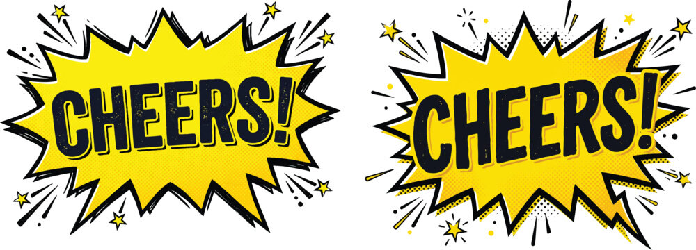 Comic book style speech bubble saying cheers with a yellow and black design