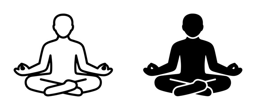 Meditation Icons, Zen Poses, Yoga Figures, Mindfulness Symbols. Two simple vector illustrations of a person meditating in a lotus position, one outlined, one solid black