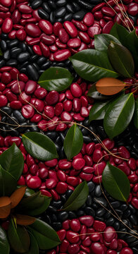 Kidney beans and magnolia leaves arrangement dark moody still life