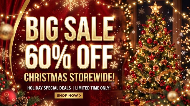 Christmas storewide big sale sixty percent off holiday special deals banner. Festive background. Decorated Christmas tree with glowing golden fairy lights and ornaments on red curtain