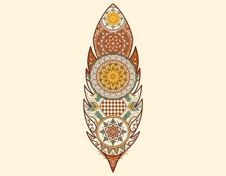 Intricate decorative feather illustration featuring bohemian mandala patterns in warm earth tones like burnt orange sage green and soft yellow on a plain cream background 