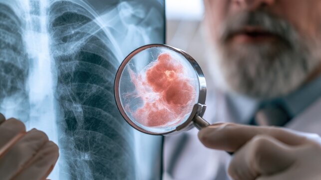 Senior male doctor examining lung x-ray with magnifying glass showing suspicious abnormal growth or tumor in chest area