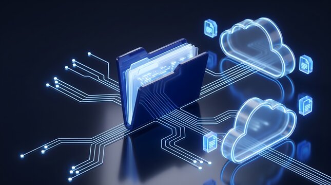 Digital data folder connected to glowing cloud icons via circuit board lines representing cloud storage and data transfer concepts in a futuristic digital environment.