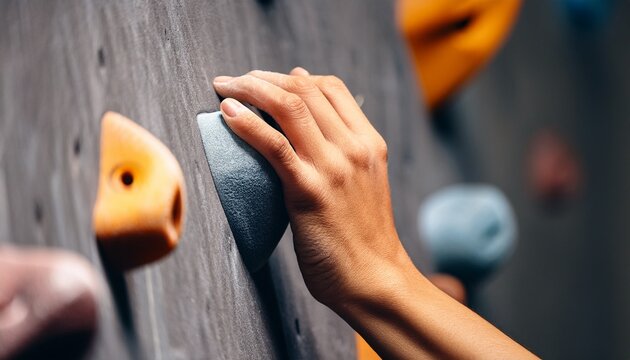 close up of hand gripping rock climbing hold on wall