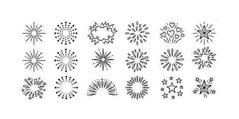 Hand-drawn fireworks, starbursts, and explosion icons set in black ink on white background, doodle  © MSTFERDOUS