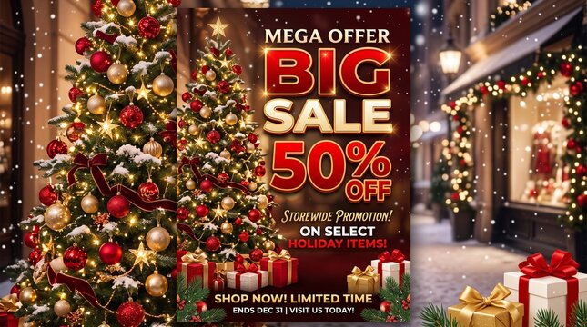 Christmas big sale mega offer promotion poster. Decorated fir tree with red and gold baubles. Glowing lights and gift boxes. Retail discount banner for holiday shopping season campaigns