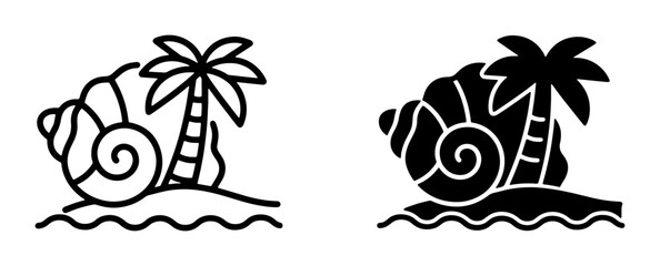 Tropical Beach Icons: Seashell, Palm Tree, Ocean Waves, Island Scene, Vector Graphics for Summer Vacation and Coastal Themes © Sirajul