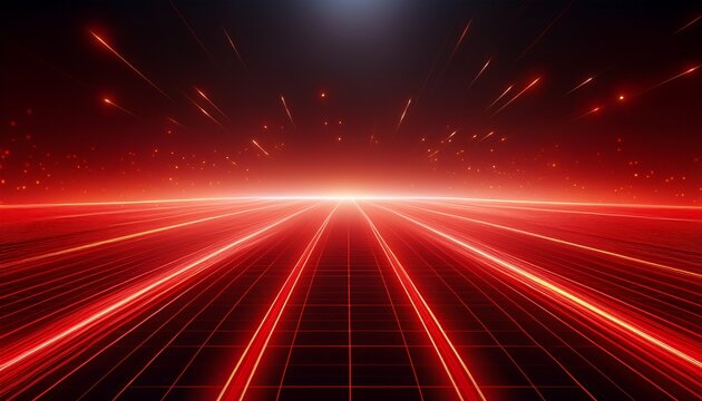 futuristic red laser grid and glowing particles on dark horizon abstract infrared technology background with speed light trails bokeh and shimmering dust sci fi cyber network surface wallpaper