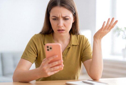 A frustrated young woman looking at her smartphone with a confused expression and raised hand.