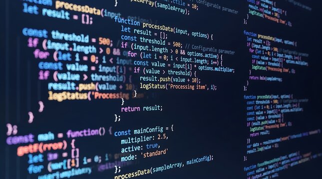 Abstract close up of colorful computer code on a dark screen displaying lines of programming text with syntax highlighting in blue orange yellow and white.