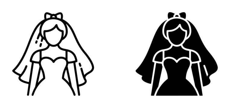 Bride Icon Set, Wedding Bride Silhouette, Bridal Veil Vector Graphics for Marriage Celebration Design