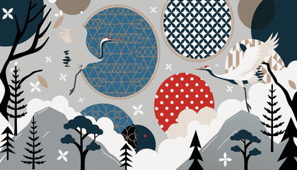 Fototapeta premium Japanese crane and mountain scene a flat vector illustration