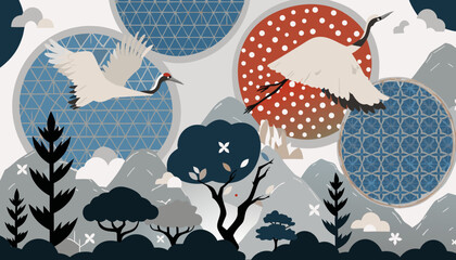 Fototapeta premium Stylized cranes fly amidst traditional japanese inspired geometric patterns and trees