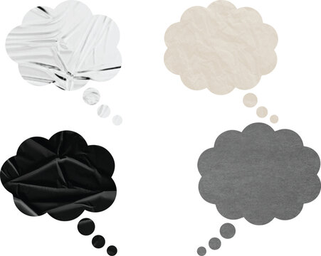 Four thought bubbles in different colors representing ideas and communication concepts