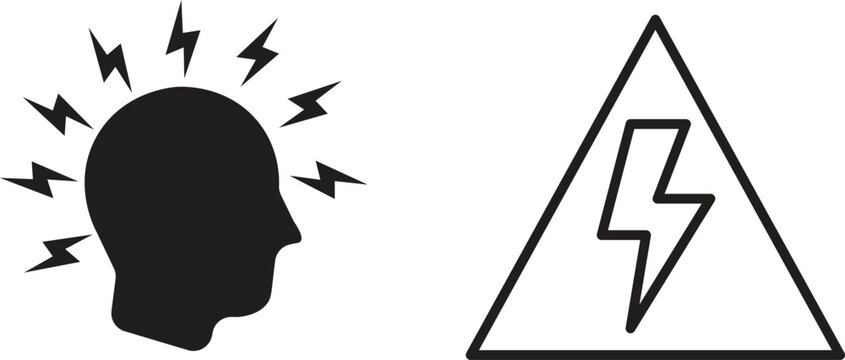Conceptual illustration of a human head with lightning bolts and a warning sign