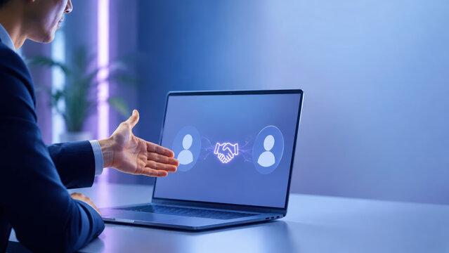Digital deal closure illustration with business handshake on laptop screen creating trust and collaboration in modern office setting