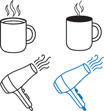 Simple line art illustrations of a hot drink and a hair dryer in black and blue
