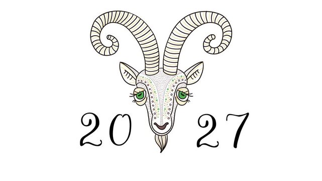 A goat's head made of outline lines with patterns and the inscription &ldquo;2027.&rdquo; Hand-drawn animation in the tribal line art style