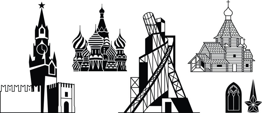 Russia Architecture and Historic Landmarks Black Silhouette Icon Set Featuring Moscow Kremlin Spasskaya Tower Saint Basils Cathedral and Traditional Wooden Church