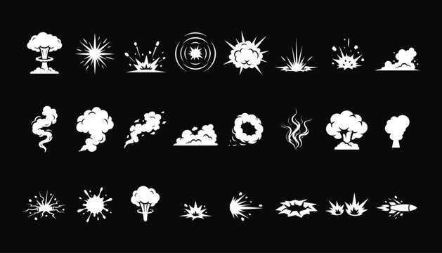 Set of twenty-one white explosion, smoke, and blast icons vector illustration on a solid black background.