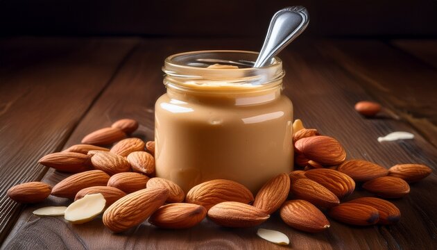 creamy almond butter in a glass jar with a spoon surrounded by whole chopped and sliced almonds on a rustic kitchen surface