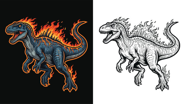 A fierce dinosaur with fiery flames erupting from its back and tail, depicted in both a vibrant, colored illustration and a detailed black and white sketch.