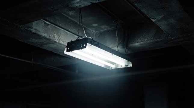 A detailed low angle view of a modern fluorescent light fixture illuminating a dark interior space