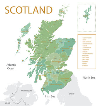 Detailed map of Scotland showing administrative divisions into districts, counties and cities, vector illustration on white background